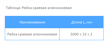 Таблица Рейка краевая алюминиевая